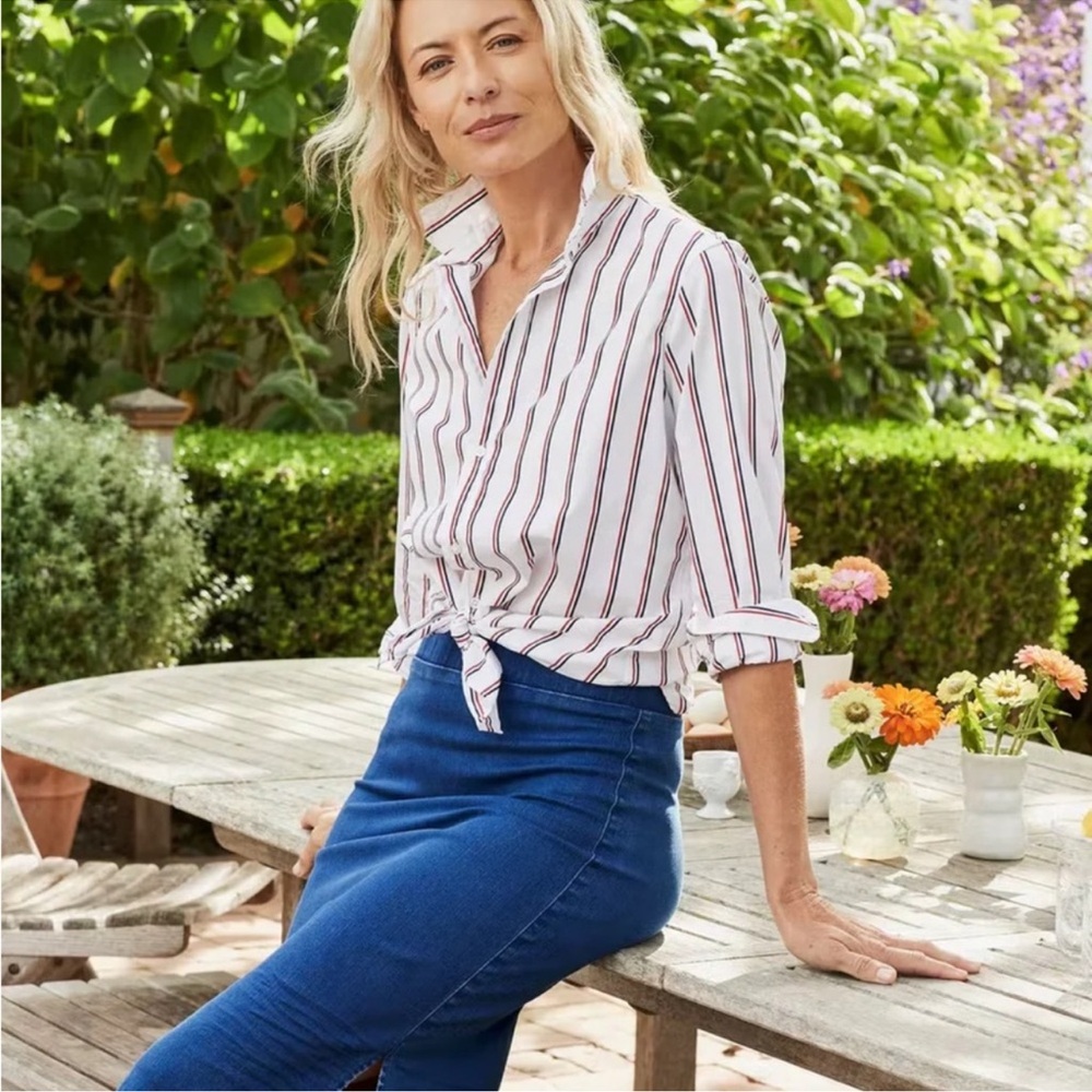 Frank & Eileen Frank Superlux Stripe Button Up Top in Red and Blue Stripes